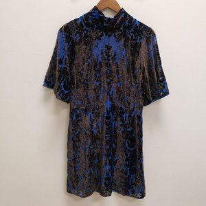 By Anthropologie Womens Floral Burnout Velvet Mini Dress Size 12 Blue Black Zip